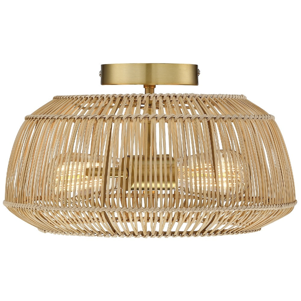 Plafonnier semi-encastré en rotin bohème à 2 lampes - Laiton