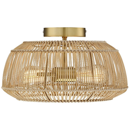 Plafonnier semi-encastré en rotin bohème à 2 lampes - Laiton
