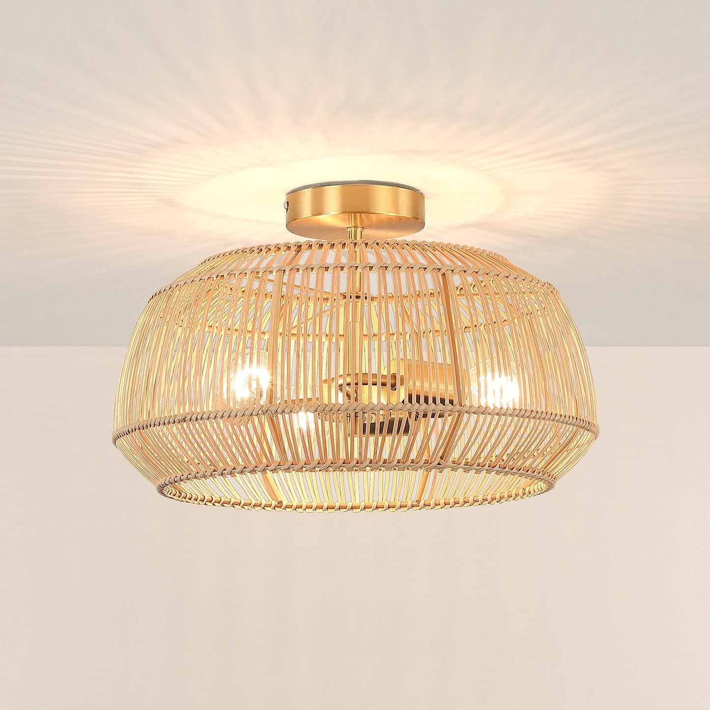 Plafonnier semi-encastré en rotin bohème à 2 lampes - Laiton