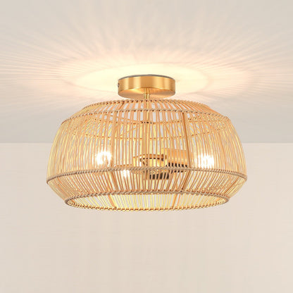 Plafonnier semi-encastré en rotin bohème à 2 lampes - Laiton
