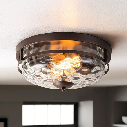 Plafonnier industriel à 2 lampes en forme de dôme, style ferme, en verre ondulé transparent, montage encastré – 32,8 cm (l) x 14 cm (h).