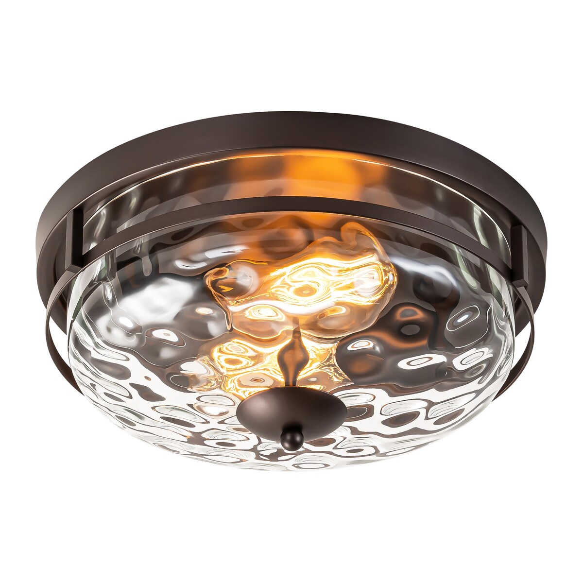 Plafonnier industriel à 2 lampes en forme de dôme, style ferme, en verre ondulé transparent, montage encastré – 32,8 cm (l) x 14 cm (h).