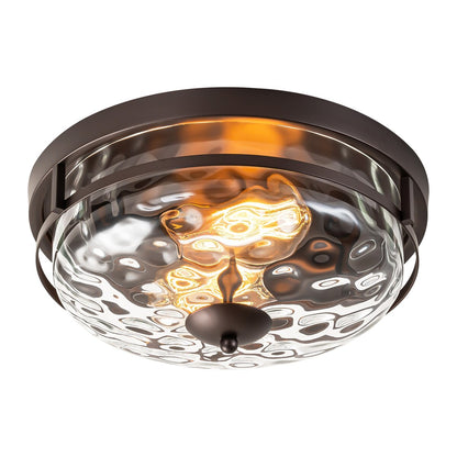 Plafonnier industriel à 2 lampes en forme de dôme, style ferme, en verre ondulé transparent, montage encastré – 32,8 cm (l) x 14 cm (h).
