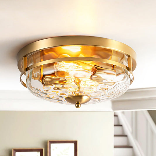 Plafonnier industriel à 2 lampes en forme de dôme, style ferme, en verre ondulé transparent, montage encastré – 32,8 cm (l) x 14 cm (h).