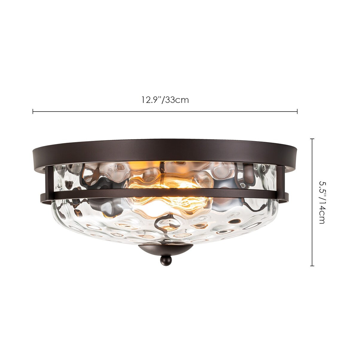 Plafonnier industriel à 2 lampes en forme de dôme, style ferme, en verre ondulé transparent, montage encastré – 32,8 cm (l) x 14 cm (h).