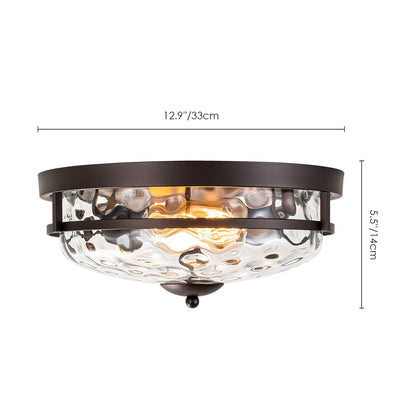 Plafonnier industriel à 2 lampes en forme de dôme, style ferme, en verre ondulé transparent, montage encastré – 32,8 cm (l) x 14 cm (h).
