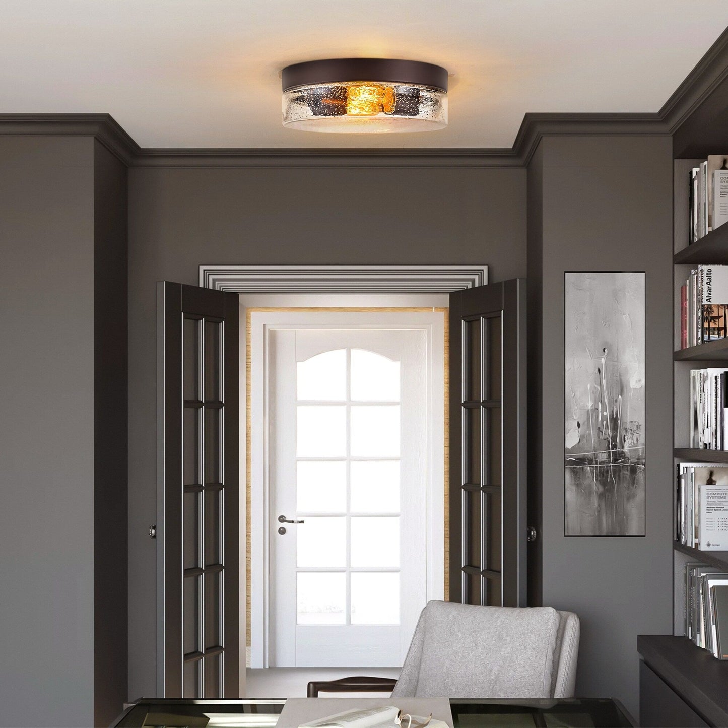 Plafonnier moderne à 2 lampes en forme de dôme, en verre transparent à bulles et à grains