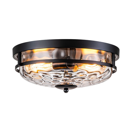 Plafonnier encastré moderne industriel noir à 2 lumières, en verre ondulé transparent, 32,8 cm de largeur x 14 cm de hauteur