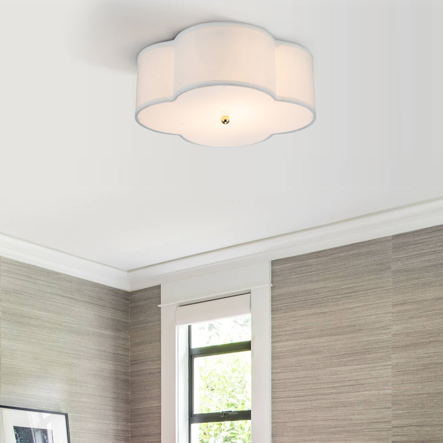 Plafonnier 2 lumières en lin blanc avec diffuseur en acrylique