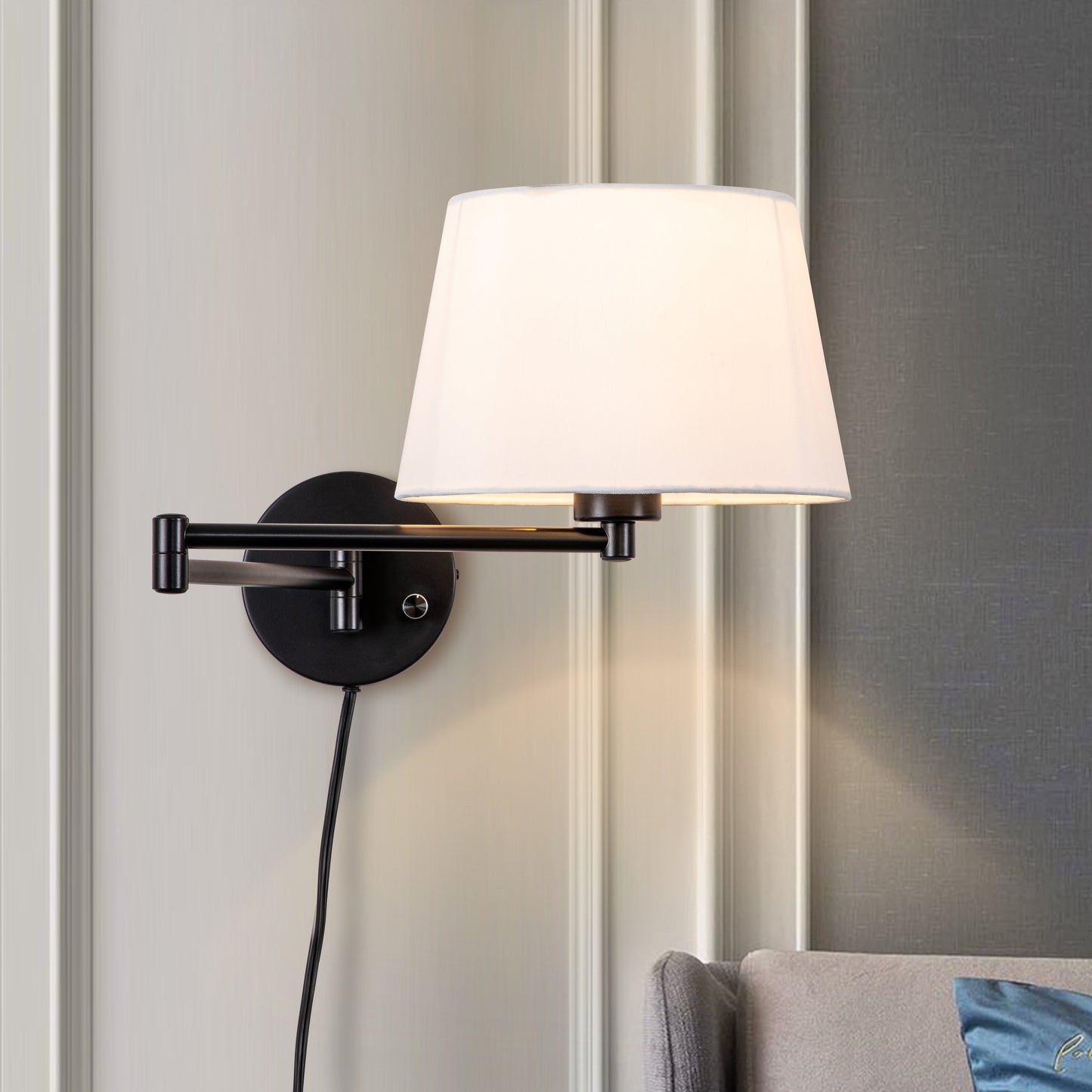 Lot de 2 appliques murales à bras pivotant noires avec abat-jour en lin