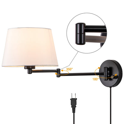 Lot de 2 appliques murales à bras pivotant noires avec abat-jour en lin