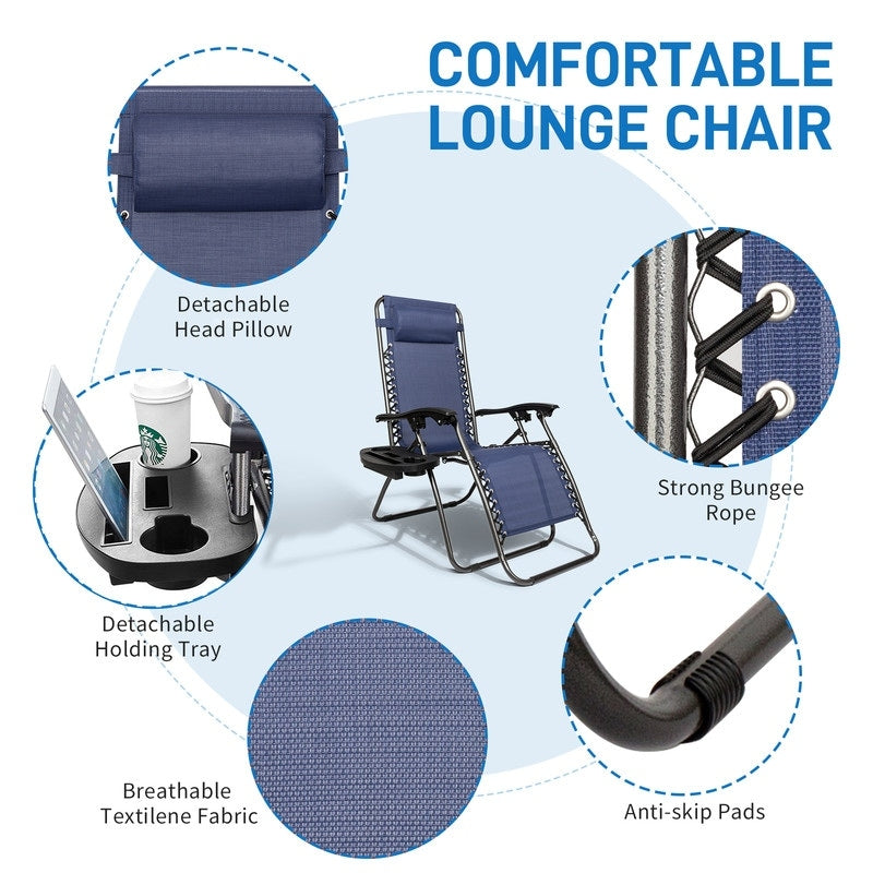 Chaise longue pliable portable à gravité zéro, 2 pièces, avec porte-gobelet