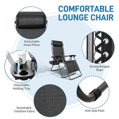 Chaise longue pliable portable à gravité zéro, 2 pièces, avec porte-gobelet