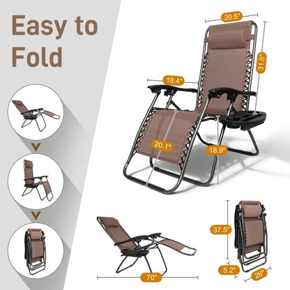 Chaise longue pliable portable à gravité zéro, 2 pièces, avec porte-gobelet