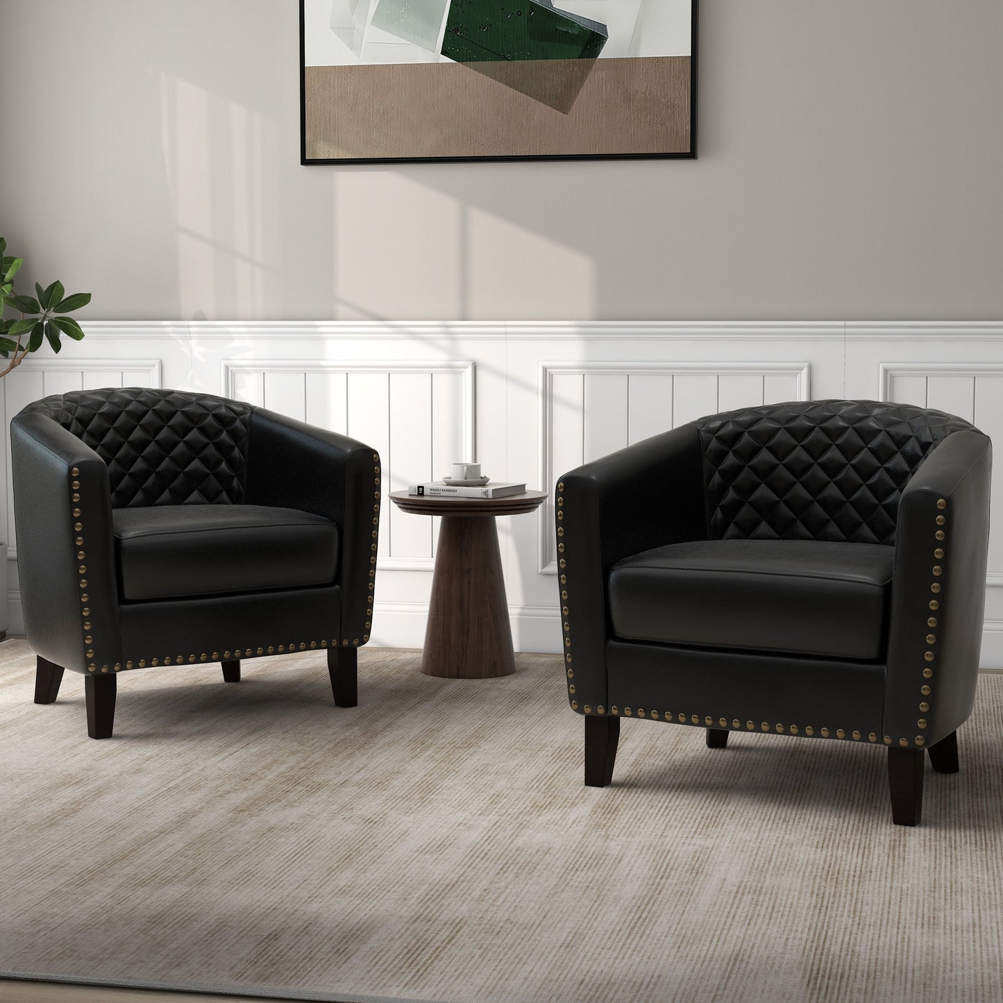 Lot de 2 chaises d'appoint tonneau en cuir vegan de 29 W avec garniture cloutée