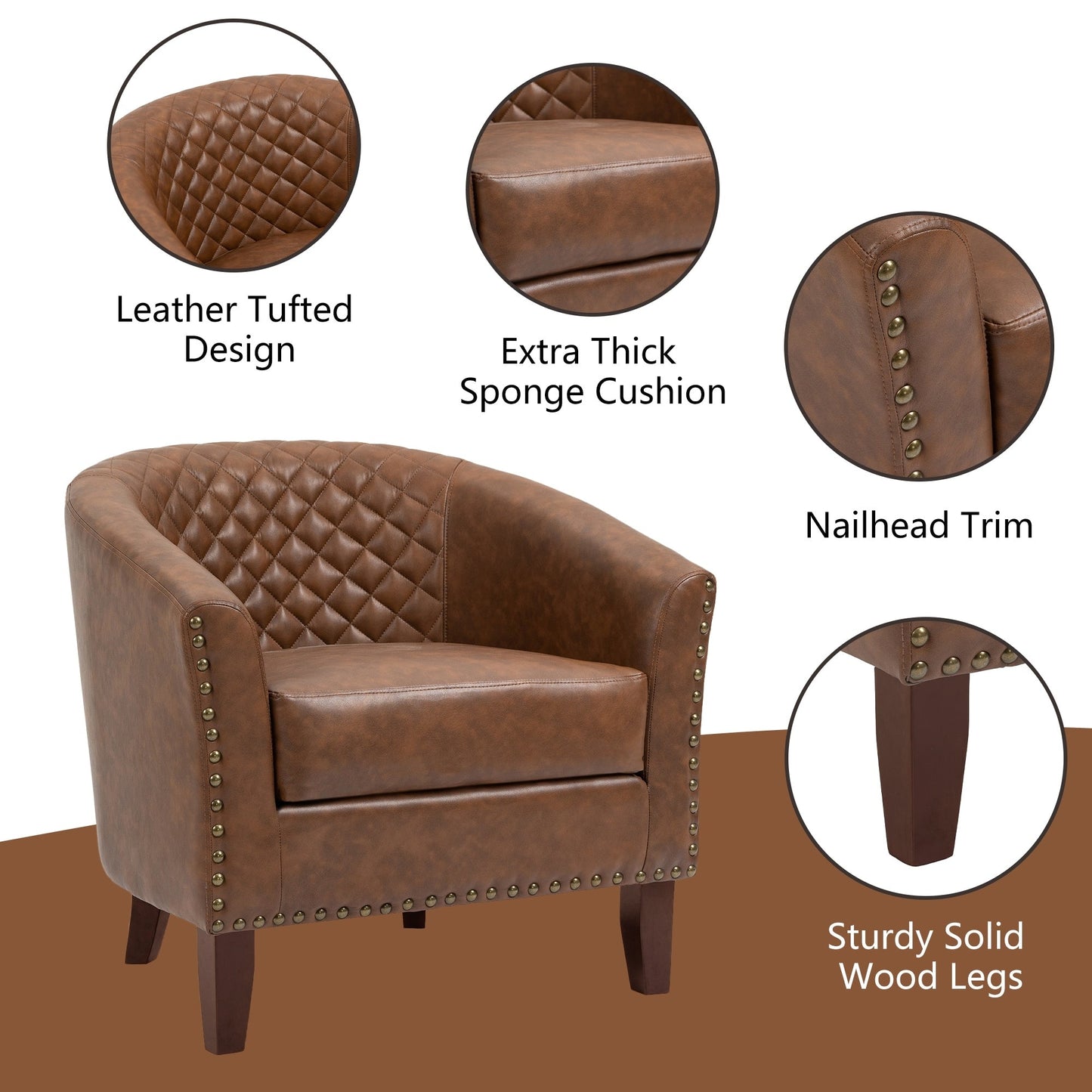 Lot de 2 chaises d'appoint tonneau en cuir vegan de 29 W avec garniture cloutée