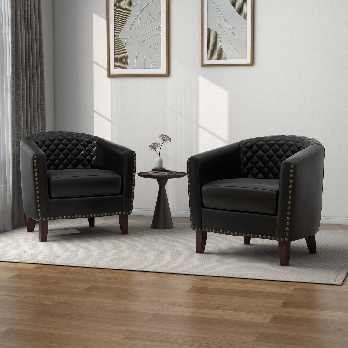Lot de 2 chaises d'appoint tonneau en cuir vegan de 29 W avec garniture cloutée