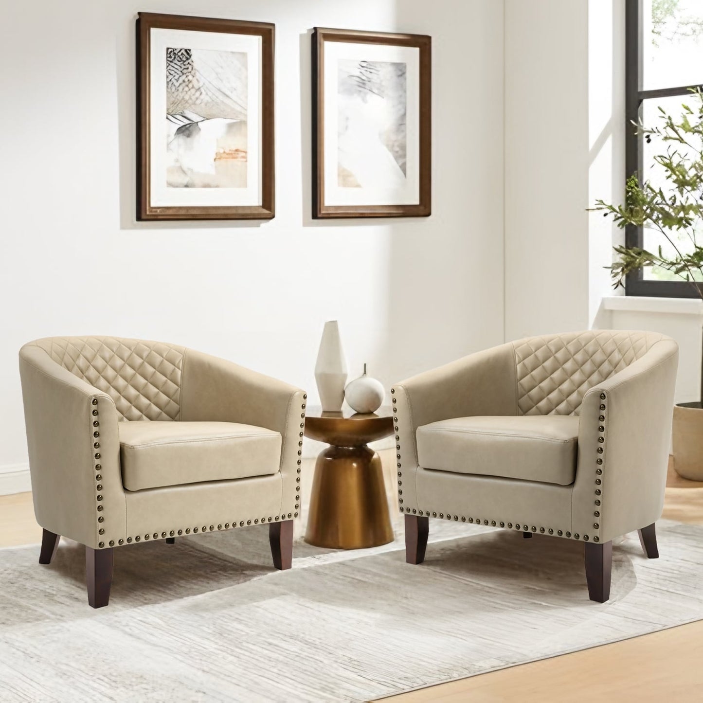 Lot de 2 chaises d'appoint tonneau en cuir vegan de 29 W avec garniture cloutée