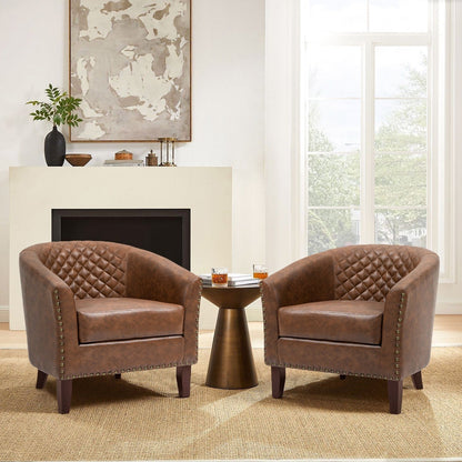 Lot de 2 chaises d'appoint tonneau en cuir vegan de 29 W avec garniture cloutée