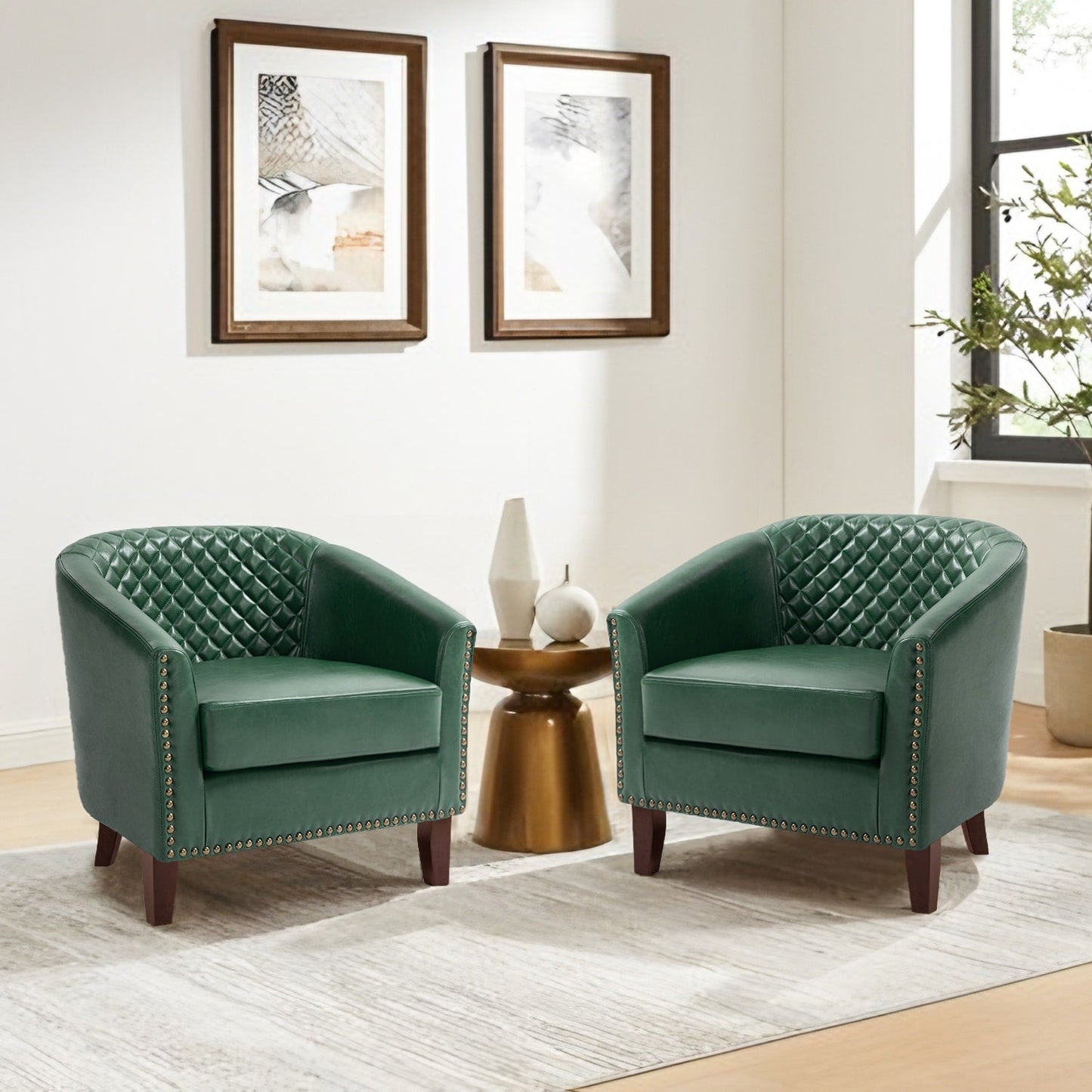 Lot de 2 chaises d'appoint tonneau en cuir vegan de 29 W avec garniture cloutée