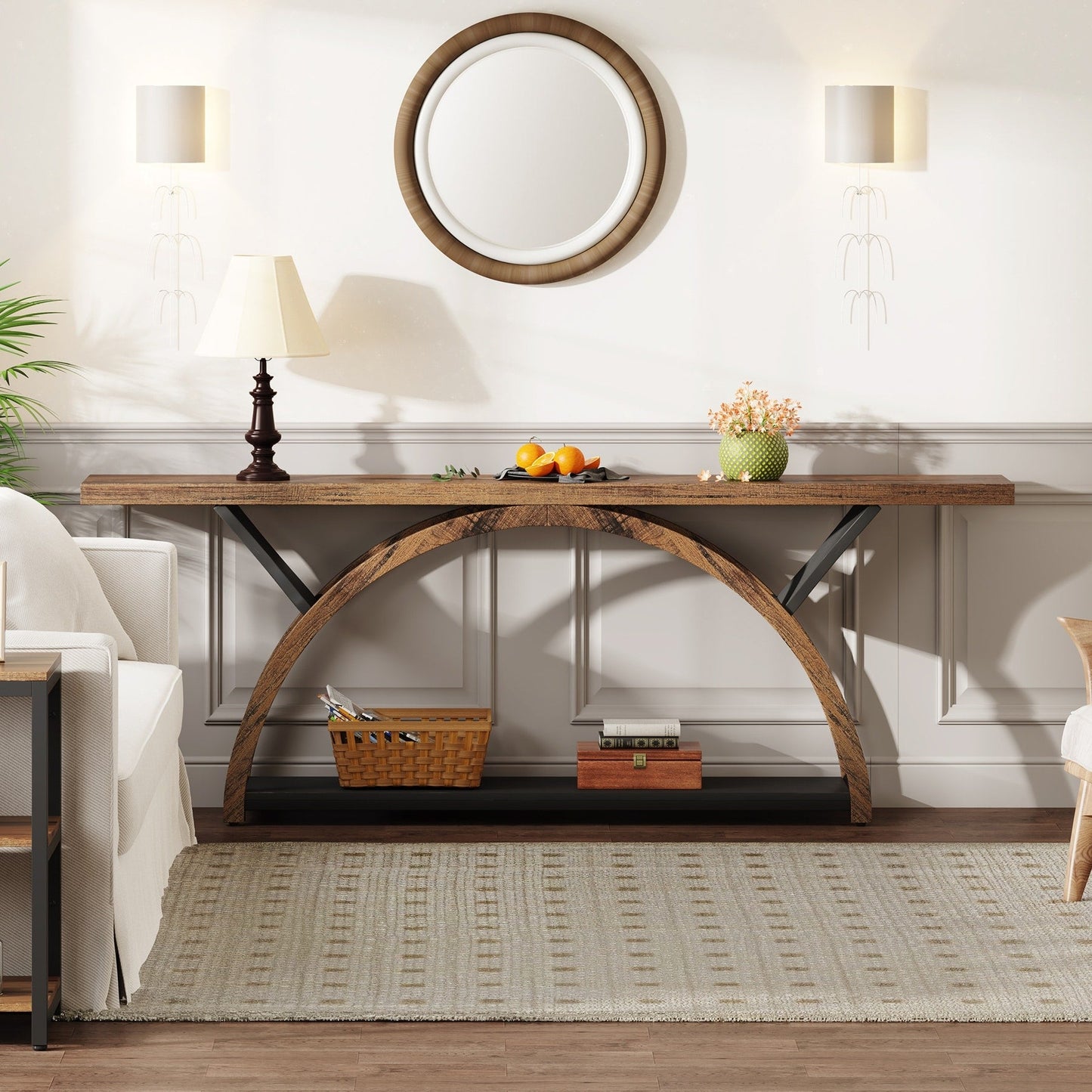 Console étroite à 2 niveaux avec cadre semi-circulaire pour entrée, tables d'appoint de couloir grises