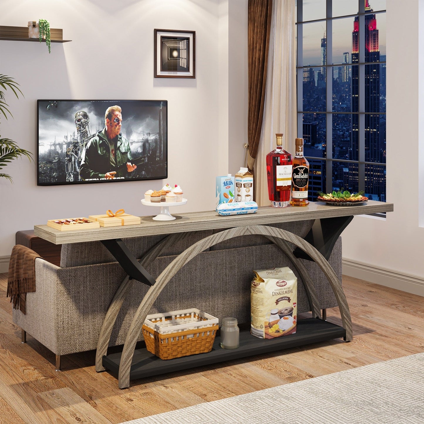 Console étroite à 2 niveaux avec cadre semi-circulaire pour entrée, tables d'appoint de couloir grises