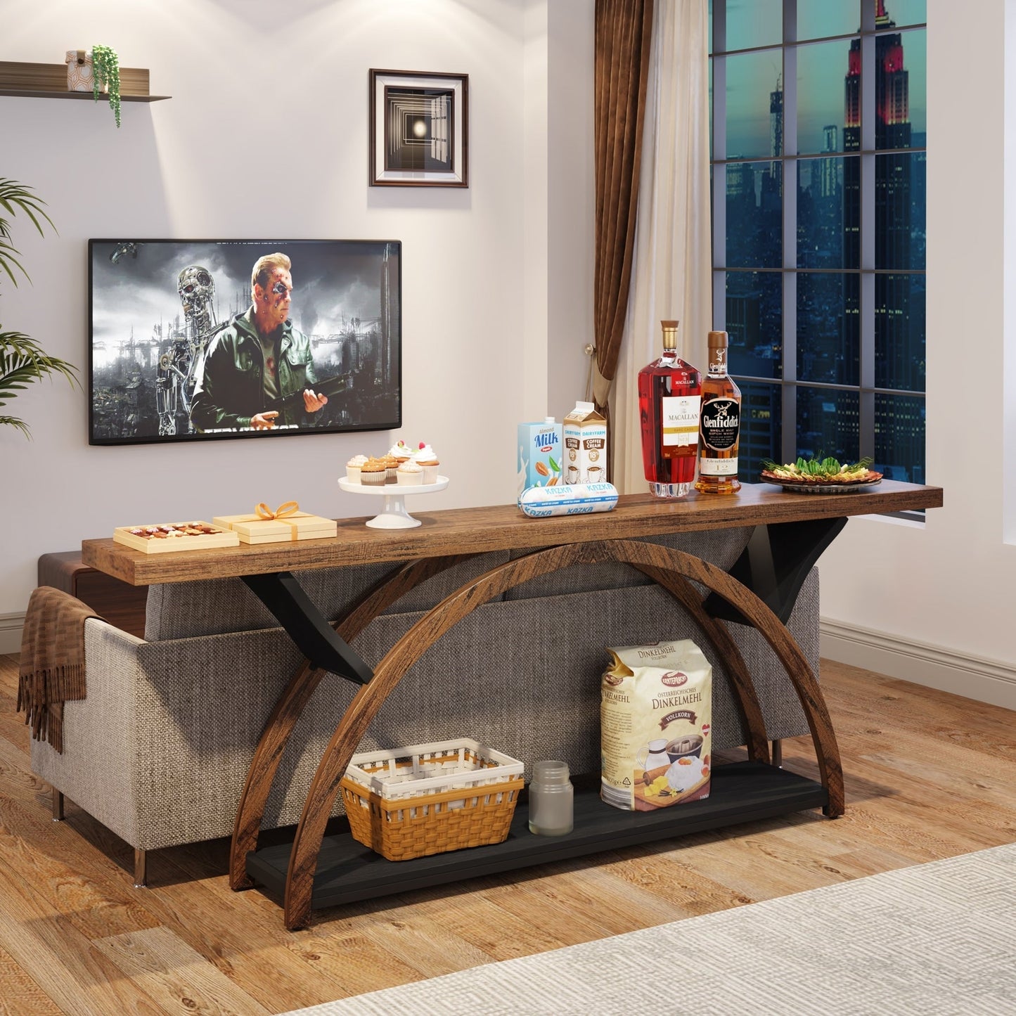 Console étroite à 2 niveaux avec cadre semi-circulaire pour entrée, tables d'appoint de couloir grises