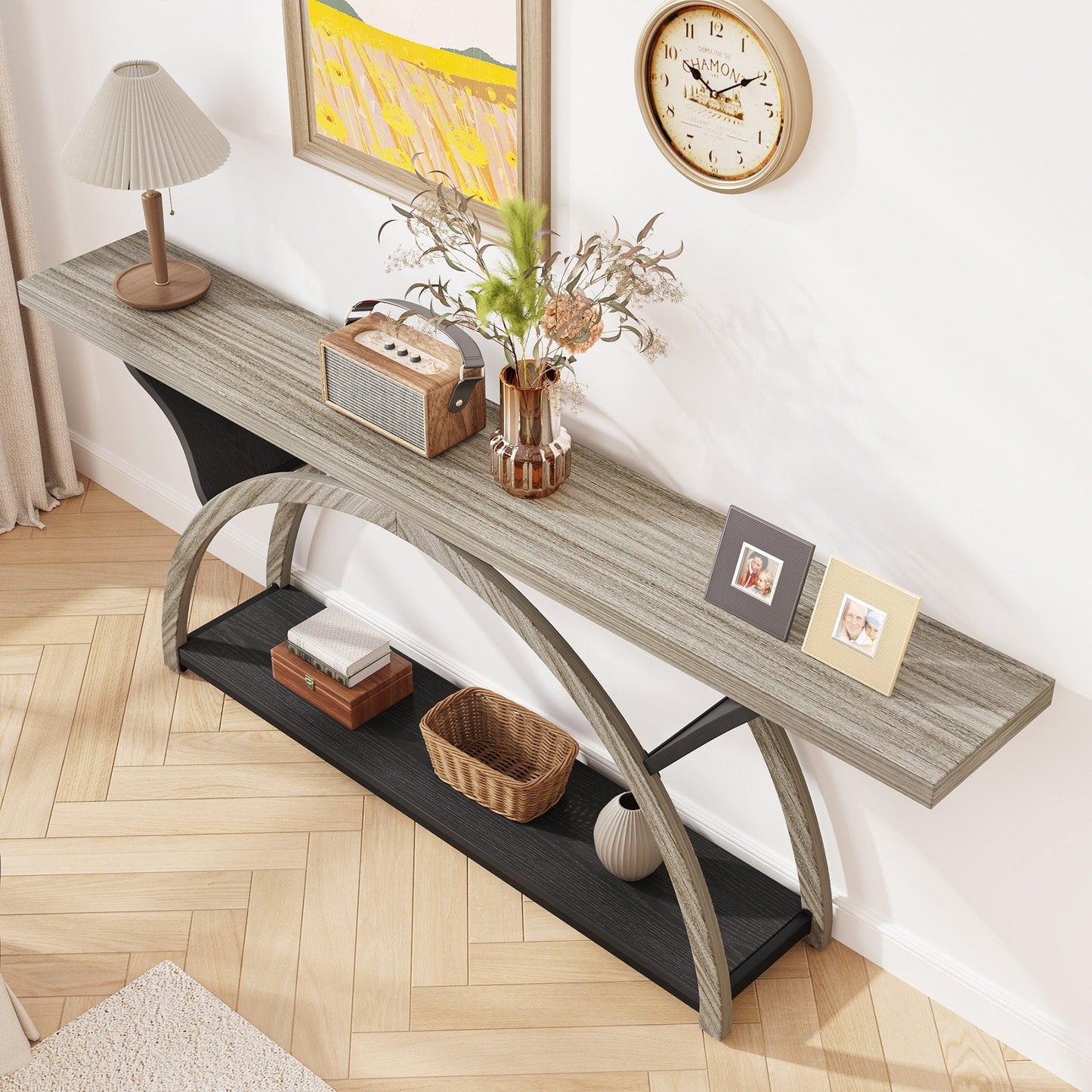 Console étroite à 2 niveaux avec cadre semi-circulaire pour entrée, tables d'appoint de couloir grises