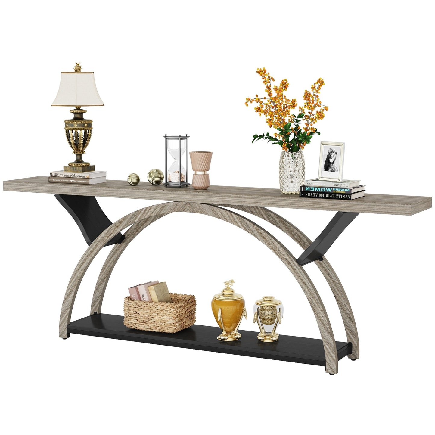 Console étroite à 2 niveaux avec cadre semi-circulaire pour entrée, tables d'appoint de couloir grises