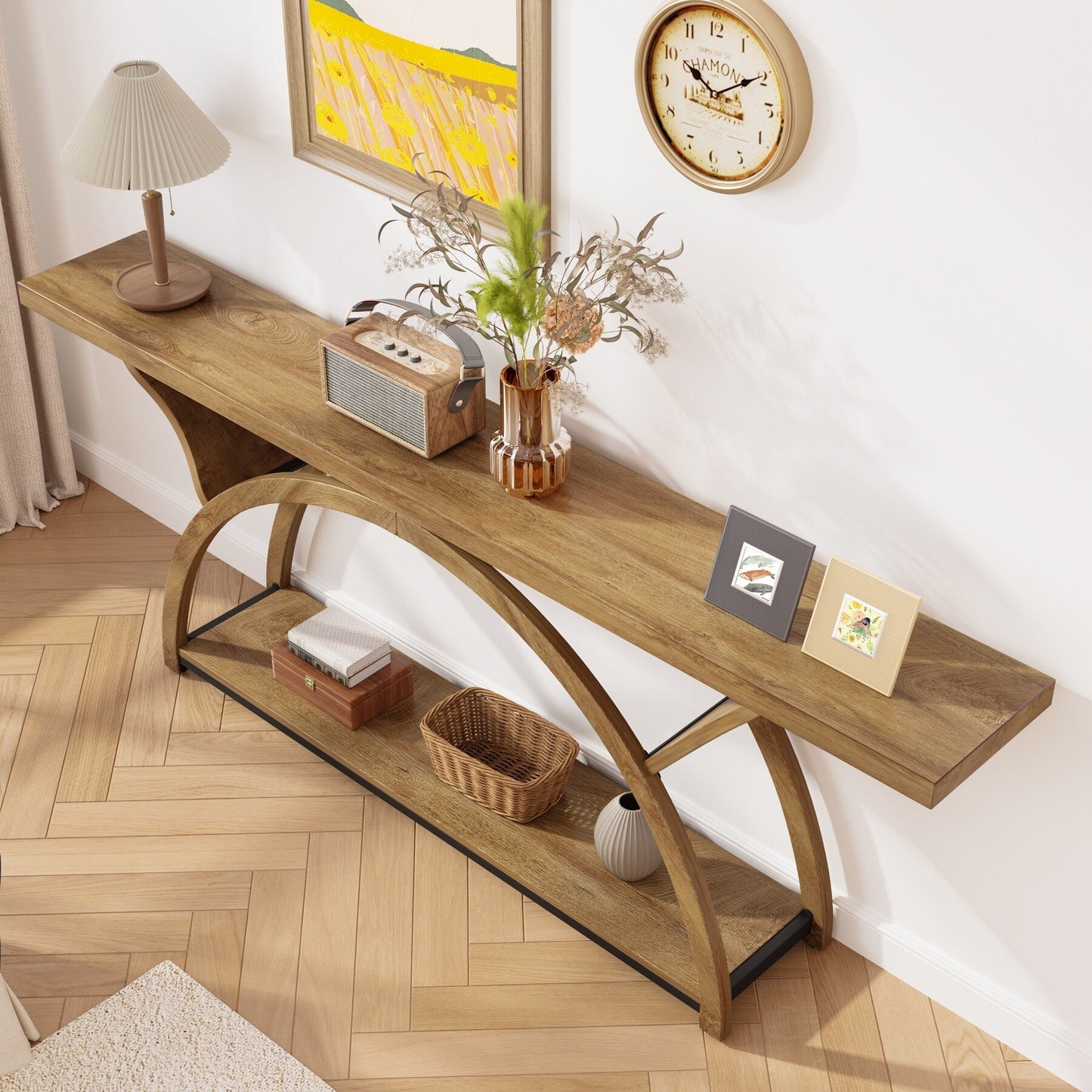 Console étroite à 2 niveaux avec cadre semi-circulaire pour entrée, tables d'appoint de couloir grises