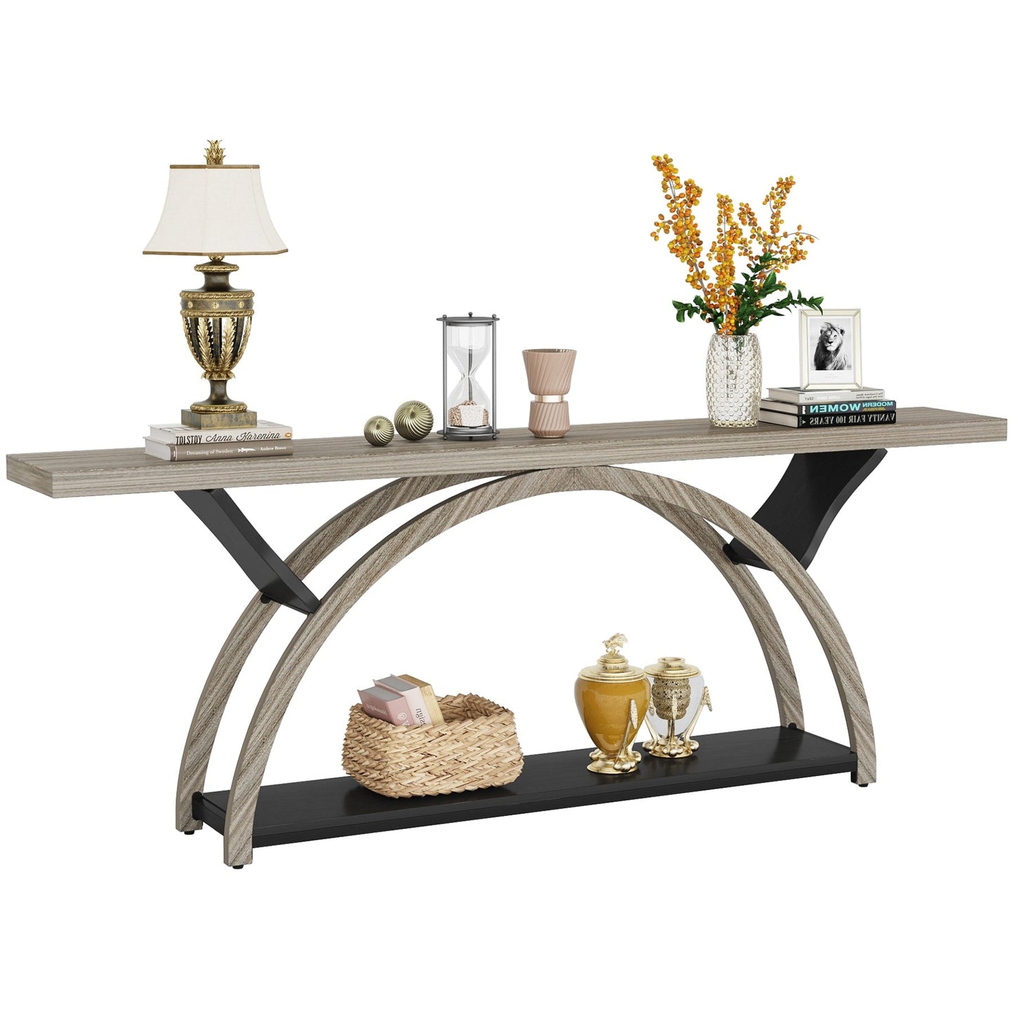 Console étroite à 2 niveaux avec cadre semi-circulaire pour entrée, tables d'appoint de couloir grises