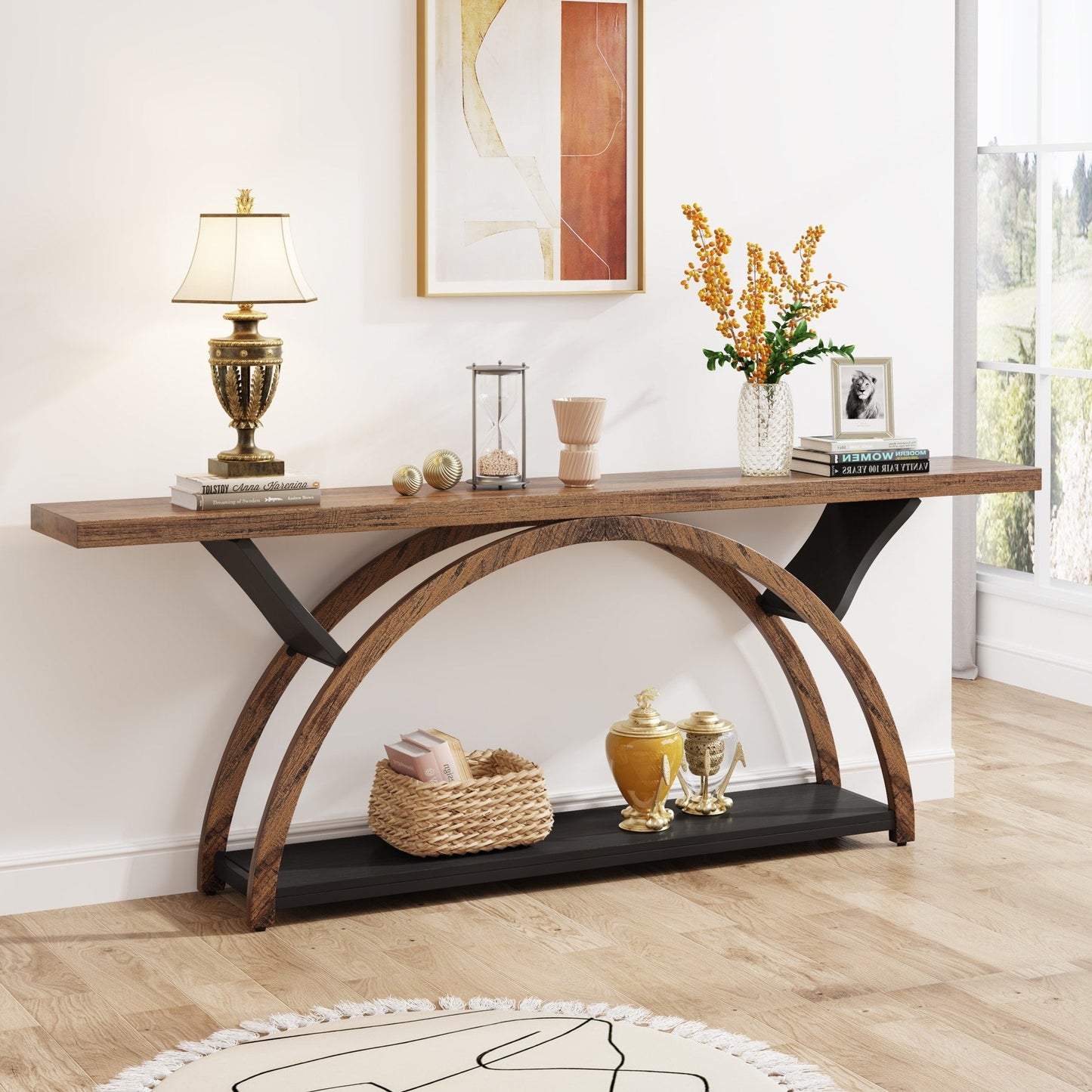 Console étroite à 2 niveaux avec cadre semi-circulaire pour entrée, tables d'appoint de couloir grises
