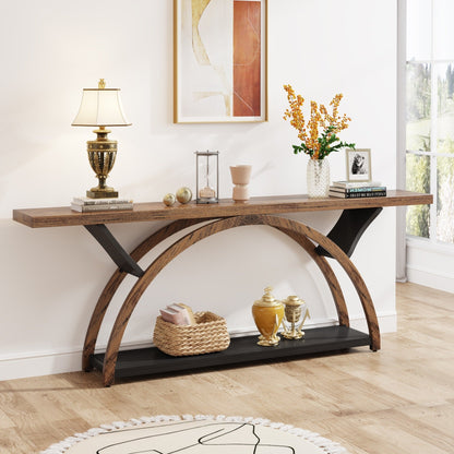 Console étroite à 2 niveaux avec cadre semi-circulaire pour entrée, tables d'appoint de couloir grises