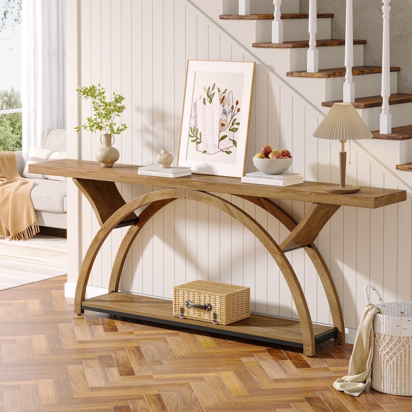 Console étroite à 2 niveaux avec cadre semi-circulaire pour entrée, tables d'appoint de couloir grises