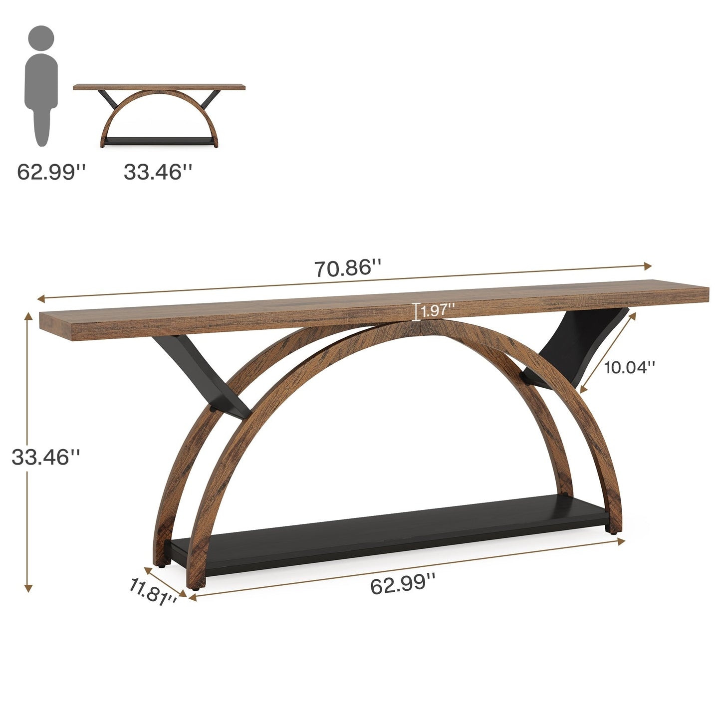 Console étroite à 2 niveaux avec cadre semi-circulaire pour entrée, tables d'appoint de couloir grises