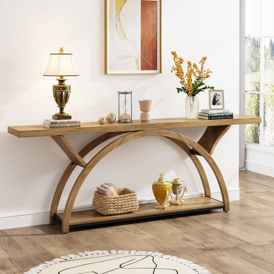 Console étroite à 2 niveaux avec cadre semi-circulaire pour entrée, tables d'appoint de couloir grises
