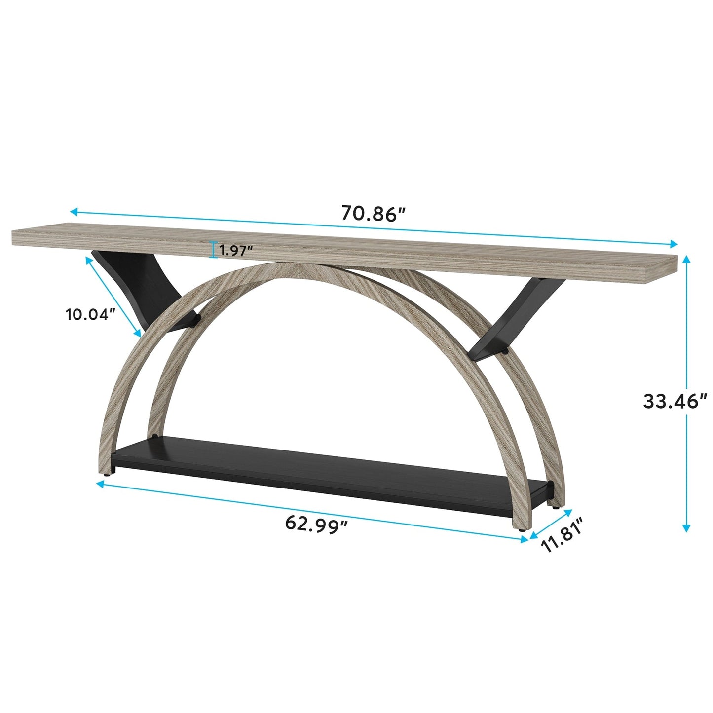 Console étroite à 2 niveaux avec cadre semi-circulaire pour entrée, tables d'appoint de couloir grises
