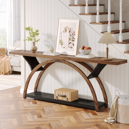 Console étroite à 2 niveaux avec cadre semi-circulaire pour entrée, tables d'appoint de couloir grises