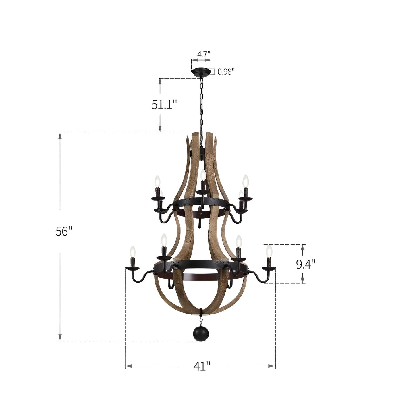 Lustre à 12 lumières de style campagnard français à deux niveaux en forme de tonneau à vin