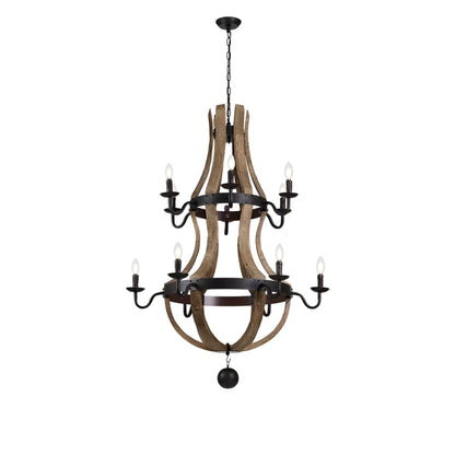 Lustre à 12 lumières de style campagnard français à deux niveaux en forme de tonneau à vin