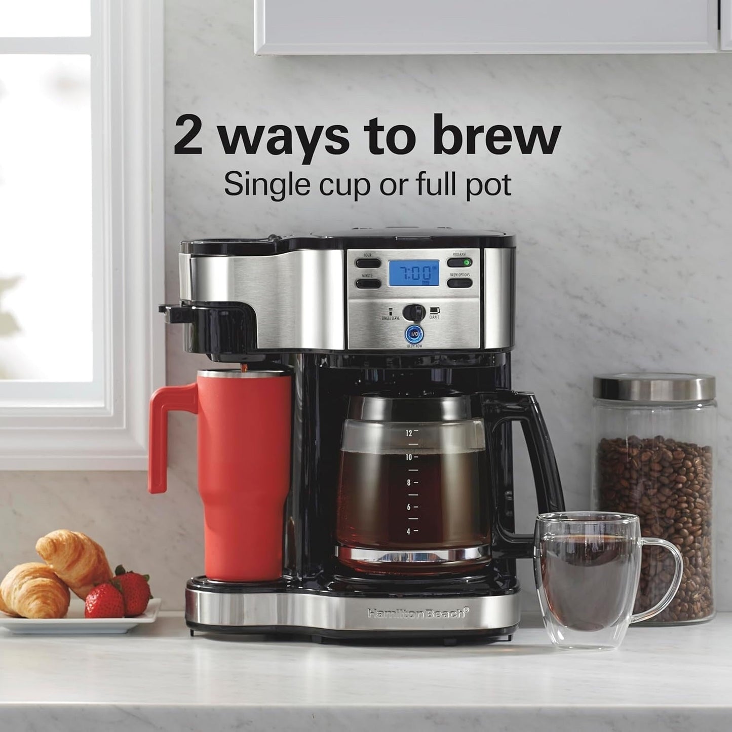 Cafetière 2 voies 12 tasses et doseur individuel, carafe en verre, pause et versement automatiques, noir