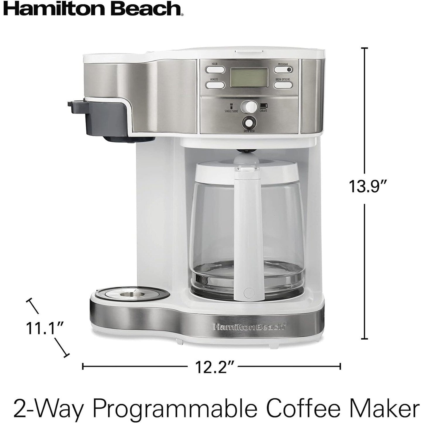 Cafetière 2 voies 12 tasses et doseur individuel, carafe en verre, pause et versement automatiques, blanche