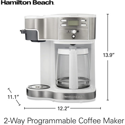 Cafetière 2 voies 12 tasses et doseur individuel, carafe en verre, pause et versement automatiques, blanche