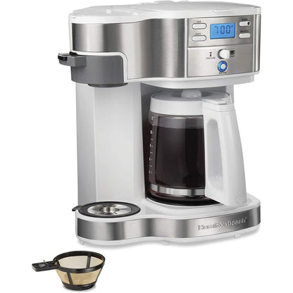 Cafetière 2 voies 12 tasses et doseur individuel, carafe en verre, pause et versement automatiques, blanche