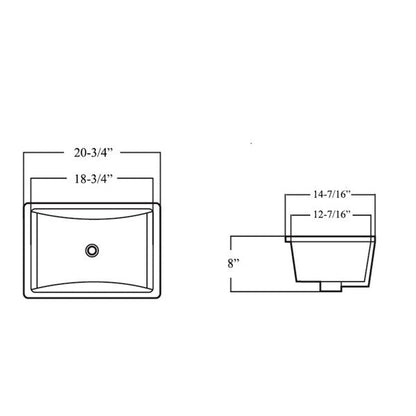 Lavabo de salle de bain rectangulaire en porcelaine et céramique de style européen de 20-3/4 pouces sous plan