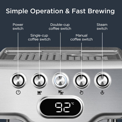 Machine à expresso semi-automatique en acier inoxydable argenté de 20 tasses avec réservoir d'eau de 0,5 gallon