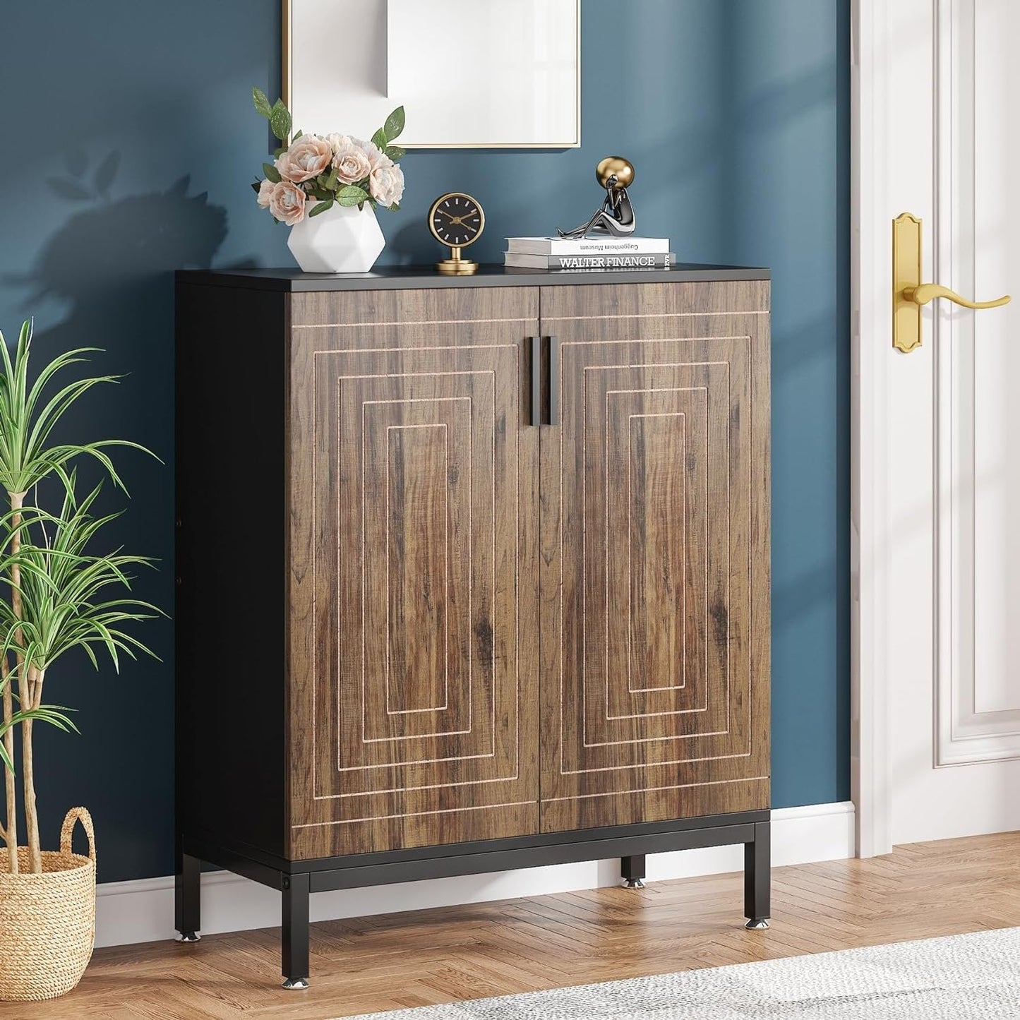 Meuble à chaussures moderne de 95 cm avec portes, blanc et doré, pour 20 paires de chaussures