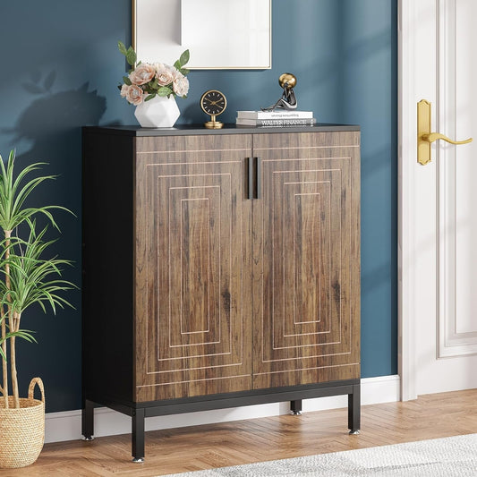 Meuble à chaussures moderne de 95 cm avec portes, blanc et doré, pour 20 paires de chaussures