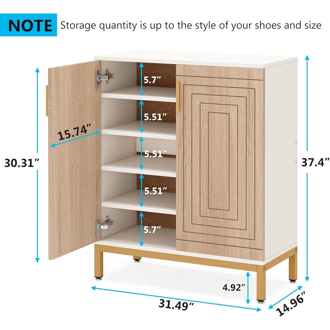 Meuble à chaussures moderne de 95 cm avec portes, blanc et doré, pour 20 paires de chaussures