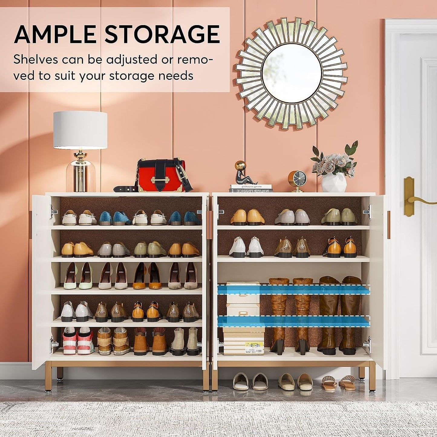 Meuble à chaussures moderne de 95 cm avec portes, blanc et doré, pour 20 paires de chaussures